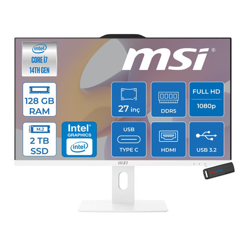 Msı Pro AP272P 14M-866XEU Intel Core I7-14700 Upto 5.4ghz 128GB Ddr5 2tb SSD 1920×1080 (Fhd 27″ıps 100HZ 250 Beyaz Freedos Allınone Bilgisayar 866XEUF39+ZETTAUSBBELLEK