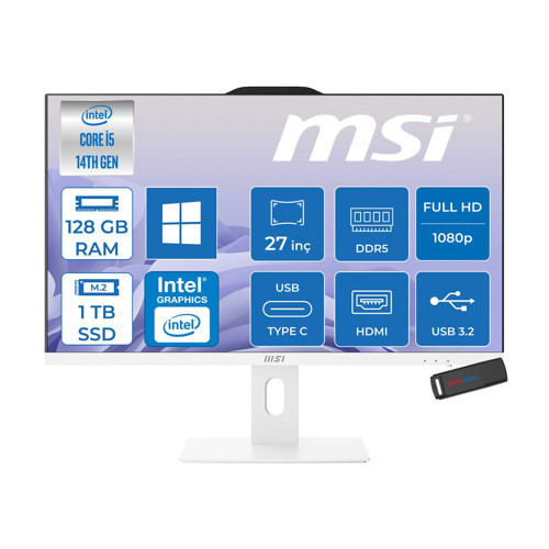 Msı Pro AP272P 14M-868XEU Intel Core I5-14400 Upto 4,7 Ghz 128GB Ddr5 1tb SSD 1920×1080 (Fhd 27″ıps 100HZ 250NITS Beyaz WIN11PRO Allınone Bilgisayar 868XEUP38+ZETTAUSBBELLEK