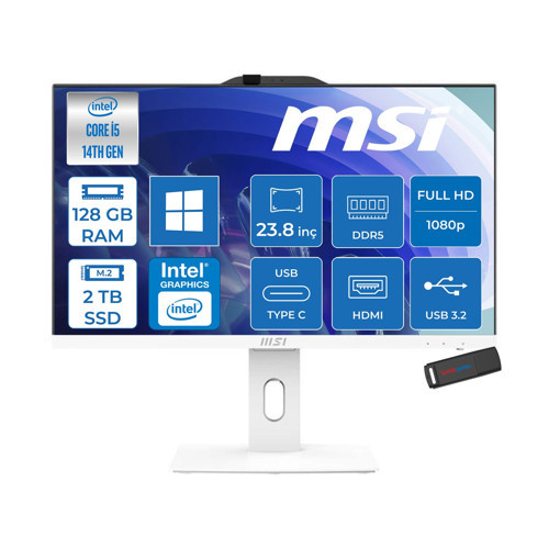Msı Pro AP242P 14M-1201EU Intel Core I5-14400 Upto 4,7 Ghz 128GB Ddr5 2tb SSD 1920×1080 (Fhd 23.8″ıps Beyaz WIN11PRO Allınone Bilgisayar 1201EUP39+ZETTAUSBBELLEK