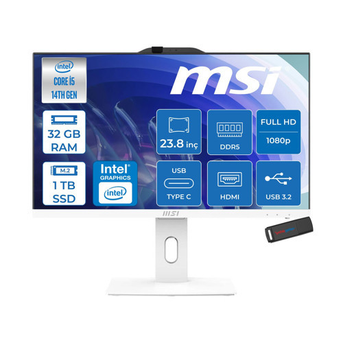 Msı Pro AP242P 14M-1201EU Intel Core I5-14400 Upto 4,7 Ghz 32GB Ddr5 1tb SSD 1920×1080 (Fhd 23.8″ıps Beyaz Freedos Allınone Bilgisayar 1201EUF13+ZETTAUSBBELLEK
