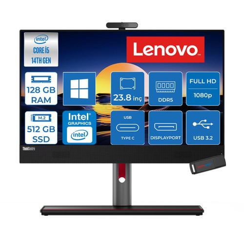 Thinkcentre M90A Gen 5 Intel® Core™ I5 14400 Upto 4.7ghz 128GB Ddr5 512GB SSD Intel® UHD Graphics 770 23.8" Fhd IPS 99%srgb WIN11HOME Allınone Bilgisayar TC12SKS50800H37+ZETTAUSBBELLEK