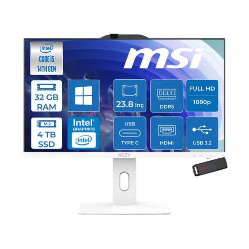 Msı Pro AP242P 14M-1201EU Intel Core I5-14400 Upto 4,7 Ghz 32GB Ddr5 4tb SSD 1920×1080 (Fhd 23.8″ıps Beyaz WIN11PRO Allınone Bilgisayar 1201EUP15+ZETTAUSBBELLEK