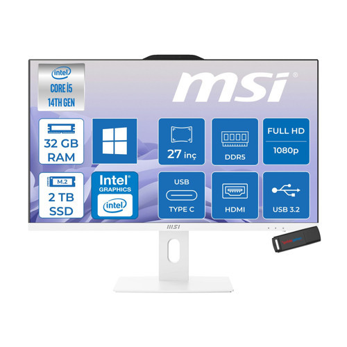 Msı Pro AP272P 14M-868XEU Intel Core I5-14400 Upto 4,7 Ghz 32GB Ddr5 2tb SSD 1920×1080 (Fhd 27″ıps 100HZ 250NITS Beyaz WIN11HOME Allınone Bilgisayar 868XEUH14+ZETTAUSBBELLEK