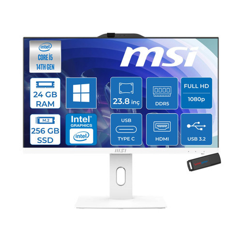 Msı Pro AP242P 14M-1201EU Intel Core I5-14400 Upto 4,7 Ghz 24GB Ddr5 256GB SSD 1920×1080 (Fhd 23.8″ıps Beyaz WIN11PRO Allınone Bilgisayar 1201EUP06+ZETTAUSBBELLEK