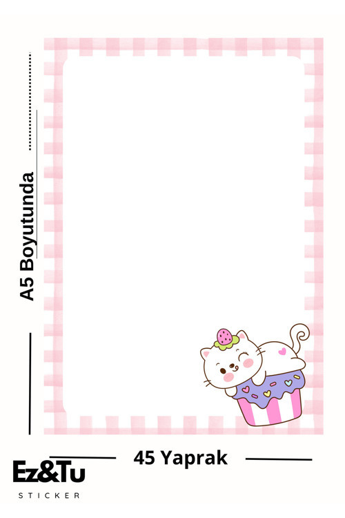 Pastel Tonlarda Kedili Defter – 45 Yaprak | Şirin Cupcake Tasarımı