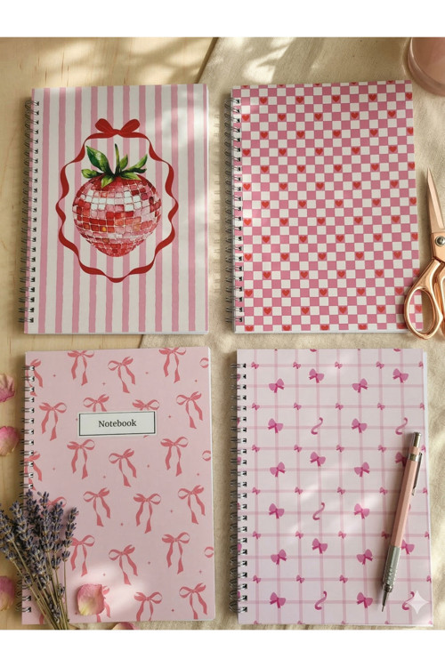 Çizgisiz 4'Lü A5 Boy Her Biri 60 Yaprak 120 Sayfa Spiral Kapaklı Defter Seti Pembe Kalp Fiyonk Desen