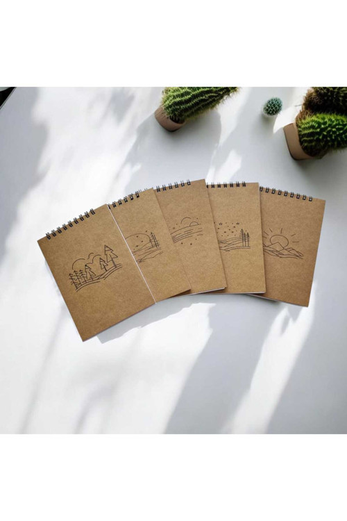 5'Li Kraft Defter Set 10X14 Cm 64 Sayfa Çizgisiz Karton Kapak Siyah Spiralli Defter Notebook