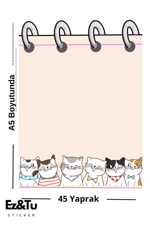 Kedili A5 Spiral Görünümlü Not Defteri – 45 Yaprak | Cute Cats