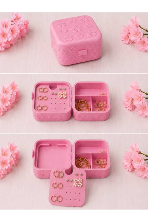 Pembe Çiçek Kabartmalı Takı Ve Mücevher Kutusu - Bölmeli Küpelik Yüzüklük Organizer (88X183X33 Mm)