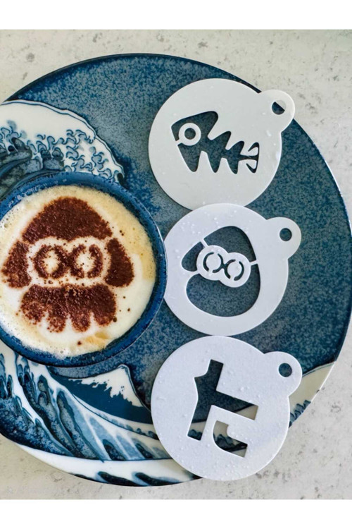 Splatoon Temalı 3'Lü Kahve Süsleme Stencil Seti Latte Art Kalıbı - Balık İskeleti Ve Kalamar Figürlü