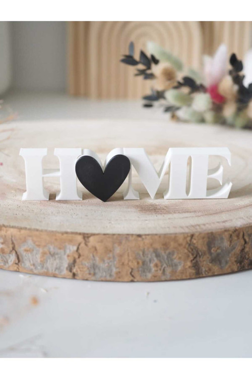 Dekoratif Home Yazısı - 3D Tasarım Kalpli Ev Aksesuarı - 21 Cm