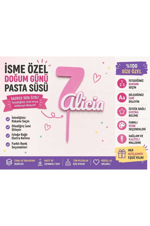 Kişiye Özel İsimli Ve Rakamlı Doğum Günü Pasta Süsü - Farklı Renk Seçenekli Özel Tasarım
