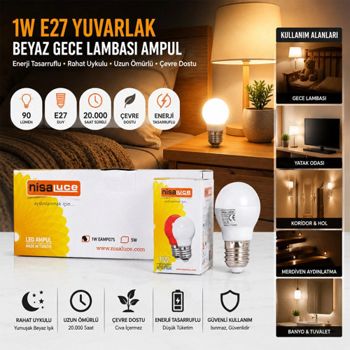 10 ADET 1W E27 BEYAZ YUVARLAK GECE LAMBASI LED AMPUL (5047)