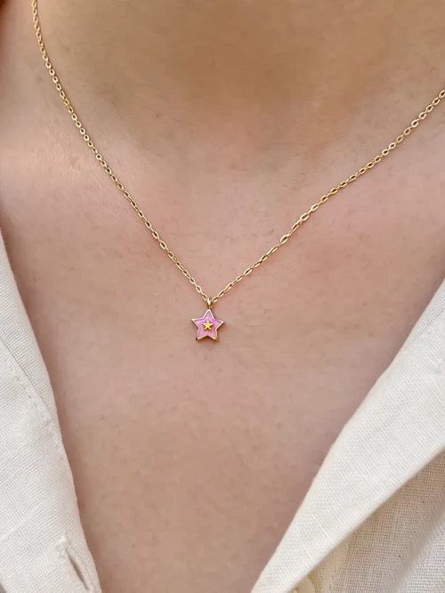 14 Ayar Pembe Mineli Yıldız Kolye