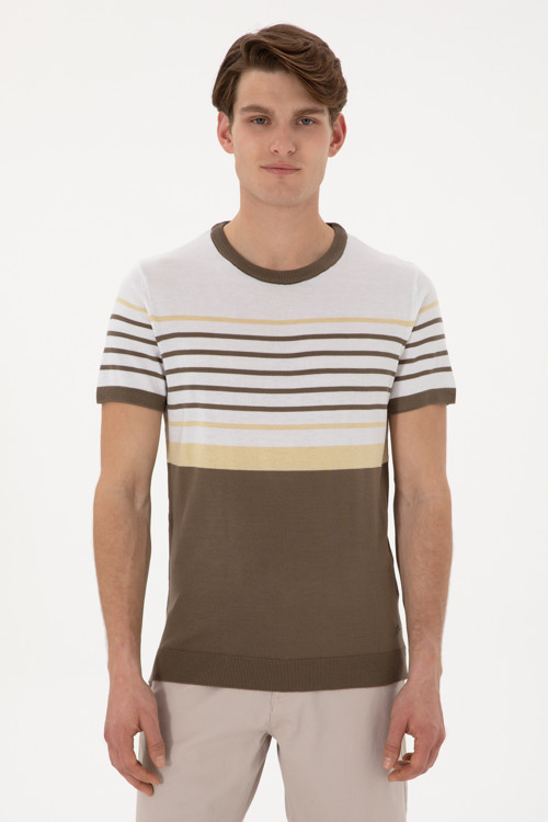 Erkek Slim Fit Bisiklet Yaka Vizon Tişört 50299358-VR052