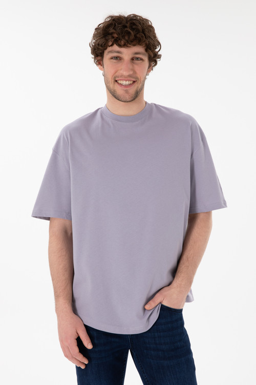Erkek Long Fit Bisiklet Yaka Gri Basic Tişört 50305988-VR024