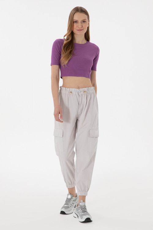Kadın Açık Gri Jogger Fit Kanvas Pantolon 50300356-VR001