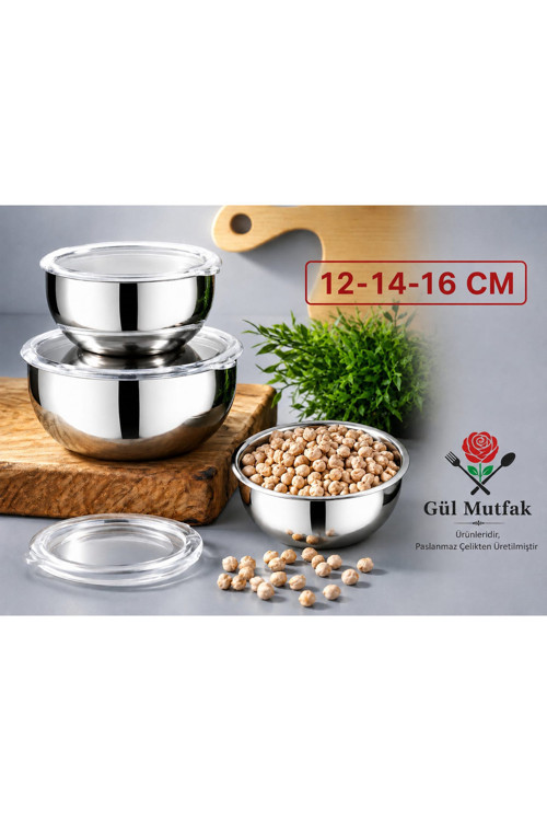 3'Lü Çelik Saklama Kabı ( 12-14-16 Cm ) 6 Parça Paslanmaz Çelik