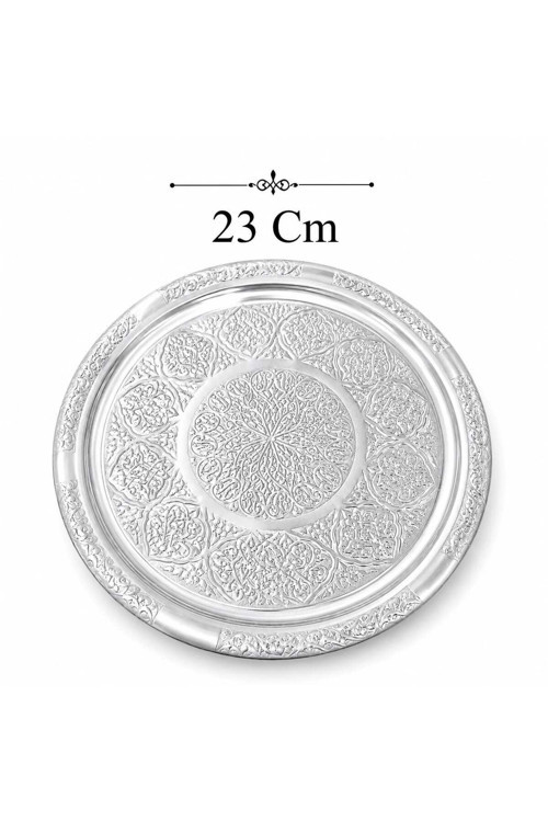 23 Cm Paslanmaz Çelik Krom Sunum Tepsisi, Yuvarlak İşlemeli Servis Tabağı