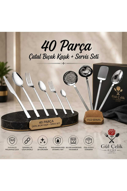 40 Parça Çatal Bıçak Kaşık Mutfak Servis Seti 18/0 Kalite Paslanmaz Çelik