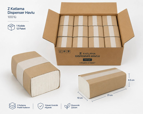 Z Katlama Dispenser Havlu 100'lü – 1 Kolide 12 Paket – Z Katlı Kağıt Havlu