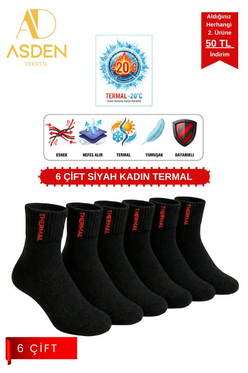 6 Çift Kadın Termal Havlu Çorap - Kışlık Yumuşak - Premıum Pamuk - Burun Dikişsiz (BEYAZ)