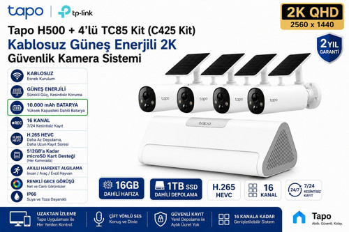 Tapo 4'lü Kablosuz 2K Güneş Enerjili Kamera Sistemi | H500 | 16 Kanal 7/24 Kayıt