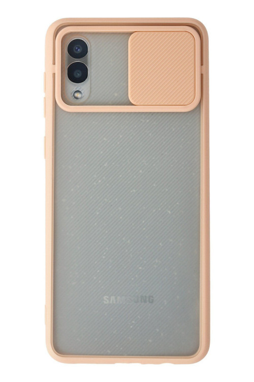 Samsung Galaxy A02 Pembe Renk Kamera Sürgülü Telefon Kılıfı - Buzlu Mat Kapak