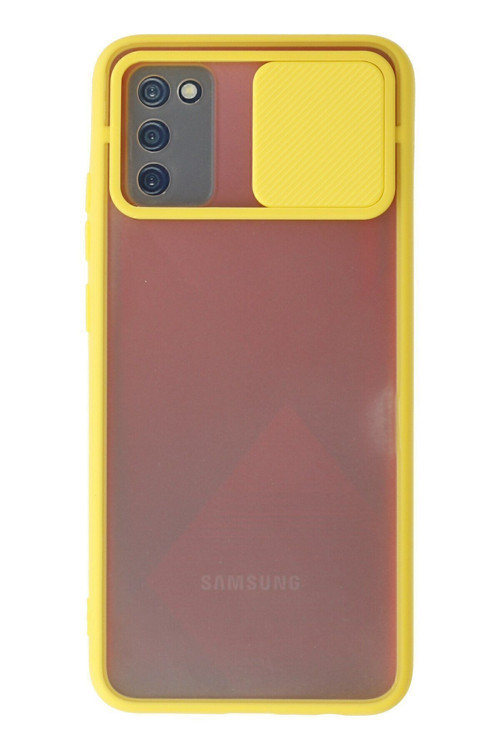 Samsung Galaxy A02S Sarı Renk Kamera Sürgülü Telefon Kılıfı - Buzlu Mat Kapak