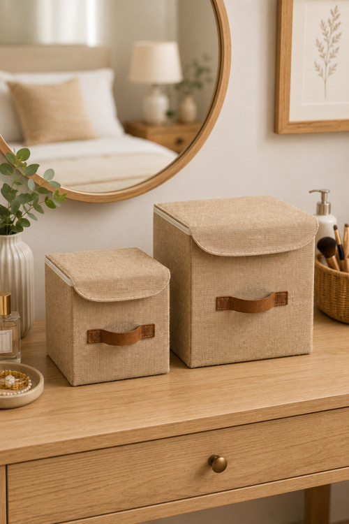 2li Kapaklı Jüt Organizer Kutu Seti 20x20x20 cm - 25x25x25 cm Katlanabilir Düzenleme Kutusu Organizer Seti Dolap, Raf ve Banyo Düzeni İçin