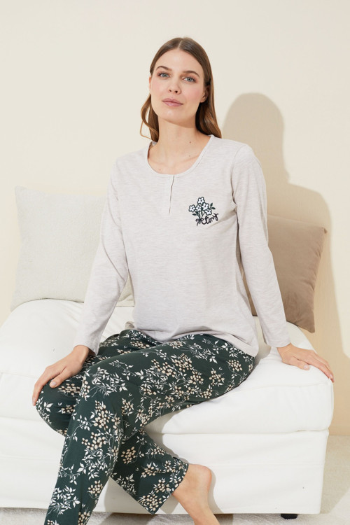 Düğmeli Pamuklu Örme Pijama Takım 24240099