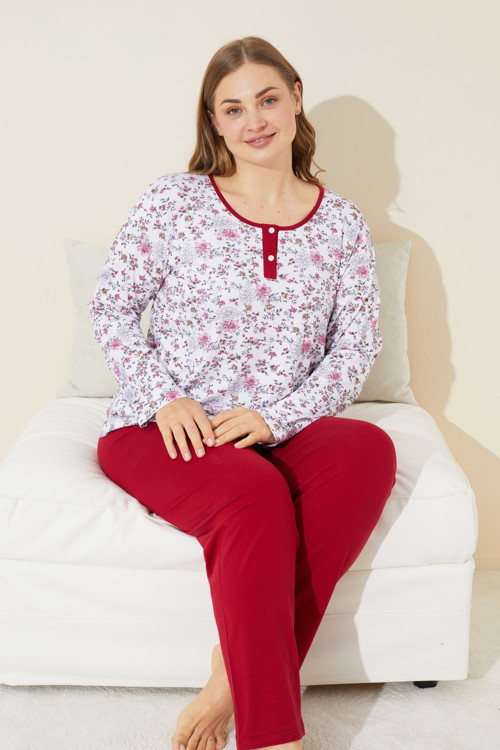 Düğmeli Pamuklu Curve Büyük Beden Battal Boy Örme Pijama Takım 24240657