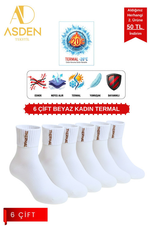 6 Çift Kadın Termal Havlu Çorap - Kışlık Yumuşak - Premıum Pamuk - Burun Dikişsiz (BEYAZ)