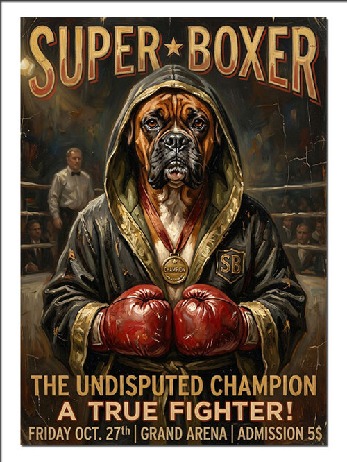 Süper Boksör Köpek Eldivenli Poster Dekoratif Kanvas - Mdf Ahşap Tablo