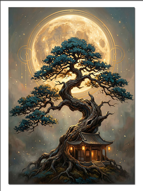 Dolunaylı Bonsai Ağaç Ev Gece Dekoratif Kanvas - Mdf Ahşap Tablo