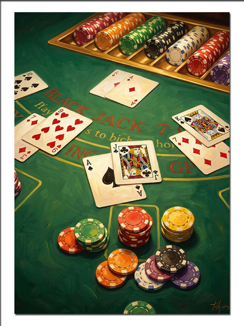 Blackjack Masası Ve Poker Çipleri Dekoratif Kanvas - Mdf Ahşap Tablo