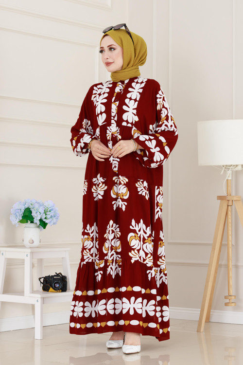 Yarım Düğmeli Robalı Belinay Elbise-Bordo