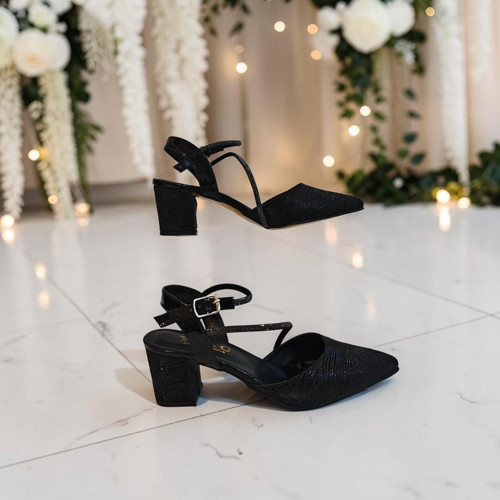 7012 Siyah Simli taşlı Kalın Kare Topuk Abiye Stiletto Ayakkabı