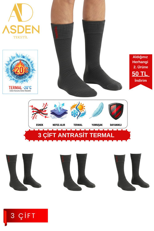 6 Çift Termal Erkek Çorap | Ekstra Kalın Havlu Premium Pamuklu | Burun Dikişsiz KISA KONÇ (SİYAH)