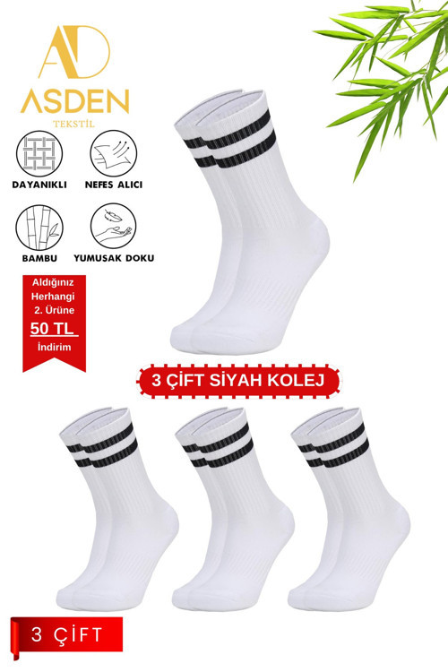 Unisex Bambu Kolej Tenis Çorap Premium, Siyah Çizgili 3'lü Paket