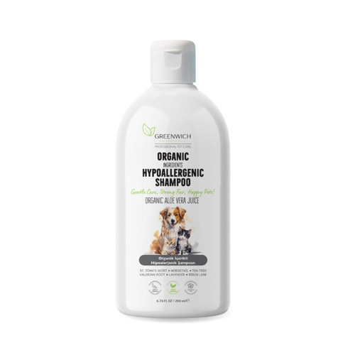 Greenwich Hassas Bakım Kedi ve Köpek Şampuanı 200 ml –%99,74 Organik İçerikli Vegan Şampuan | Hassas Ciltler İçin Nazik Temizlik ve Günlük Bakım Desteği