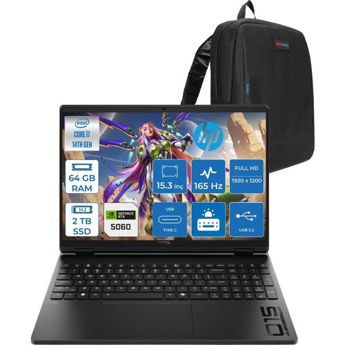 Hyperx Omen Laptop Intel Core I7 14650HX 64GB 2tb SSD 8GB/RTX5060/115W 15,3" Wuxga 165hz IPS 300NIT %62,5 Srgb Windows 11 Home Gaming Bilgisayar DHP2RC3EAH23 + Zettaçanta