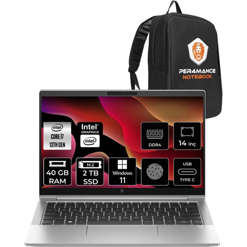 Elitebook 640 G10 i7 1355U 40GB RAM 2TB SSD 14" FHD Win11 Pro 8A571EAP439 Notebook + Per4 Çanta