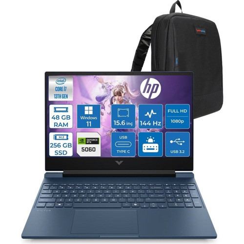 Victus 15W-FA2038NT Intel Core I7 13620H 4.9ghz 48GB Ddr5 256GB SSD Windows 11 Pro RTX5060 8gb Gddr7 15.6" FULLHD(1920 x 1080) 144Hz IPS 300NIT Taşınabilir Bilgisayar WC39D5EAP29 + Zetta Çanta