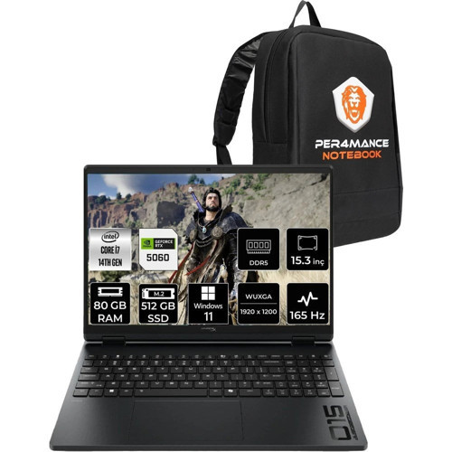 Hyperx Omen 15 Core I7 14650HX RTX5060 8gb 80GB Ram 512GB SSD 15.3" Fhd+ 165Hz WIN11 Pro D2RC3EAPN437 Gaming Laptop + Per4 Çanta