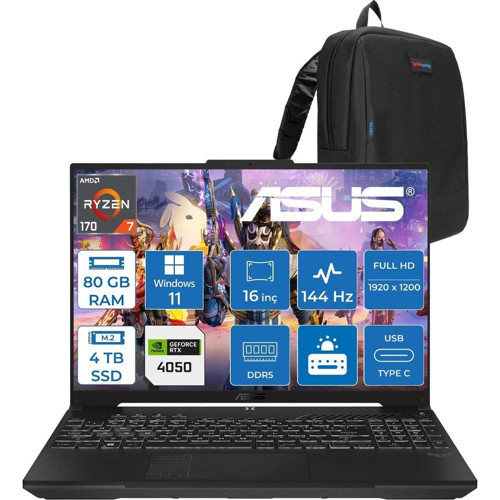 Tuf Gaming A16 (FA607NUQ-GAMING) Amd Ryzen™ 7 170 80GB Ddr5 4tb SSD RTX4050/6GB 140W 16″/fhd+ 16:10 (1920 x 1200, Wuxga) 300 Nits, 144Hz, WIN11PRO Taşınabilir Bilgisayar RL028P30+ZETTAÇANTA