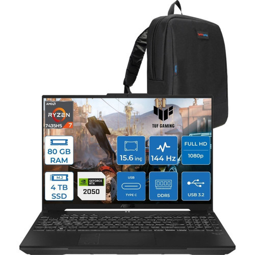 Tuf Gaming A15 FA506NFR Amd Ryzen 7 7435HS 80 GB 4tb SSD RTX2050 4 GB 15.6" Fhd IPS 144HZ Freedos Taşınabilir Bilgisayar HN012F28 + Zetta Çanta