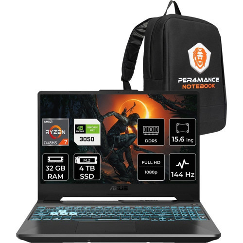 Tuf Gaming A15 Ryzen 7 7445HS RTX 3050 Gaming Laptop 32GB RAM 4TB SSD 15.6" FHD 144Hz FreeDOS + Per4 Çanta FA506NCGHN265P320