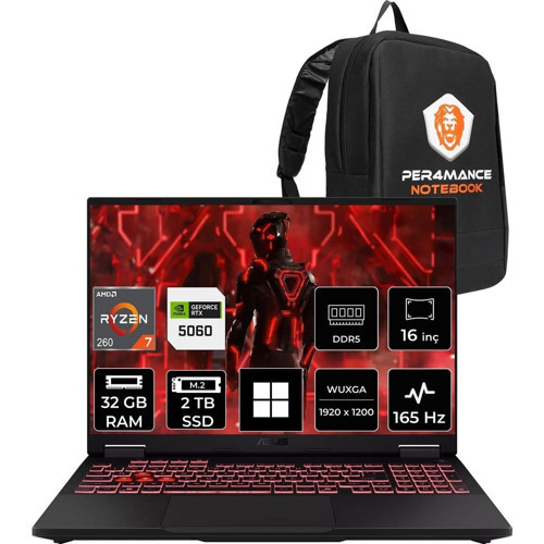 Tuf A16 Ryzen 7 260 RTX 5060 8GB 32GB RAM 2TB SSD 16" FHD+ 165Hz Win11 Pro FA608UMRV130P419 Gaming Laptop + Per4 Çanta