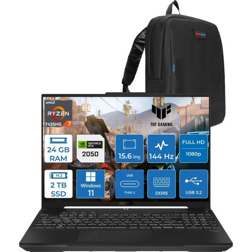 Tuf Gaming A15 FA506NFR Amd Ryzen 7 7435HS 24 GB Ddr5 2tb SSD RTX2050 4 GB 15.6" Fhd IPS 144HZ Windows 11 Pro Taşınabilir Bilgisayar HN012P07 + Zetta Çanta